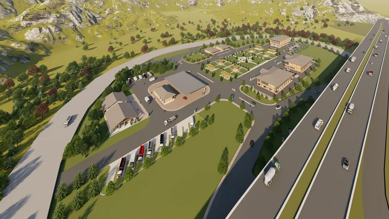 Original aerial render showing the roadside precinct, pavilion arrangement, and highway.